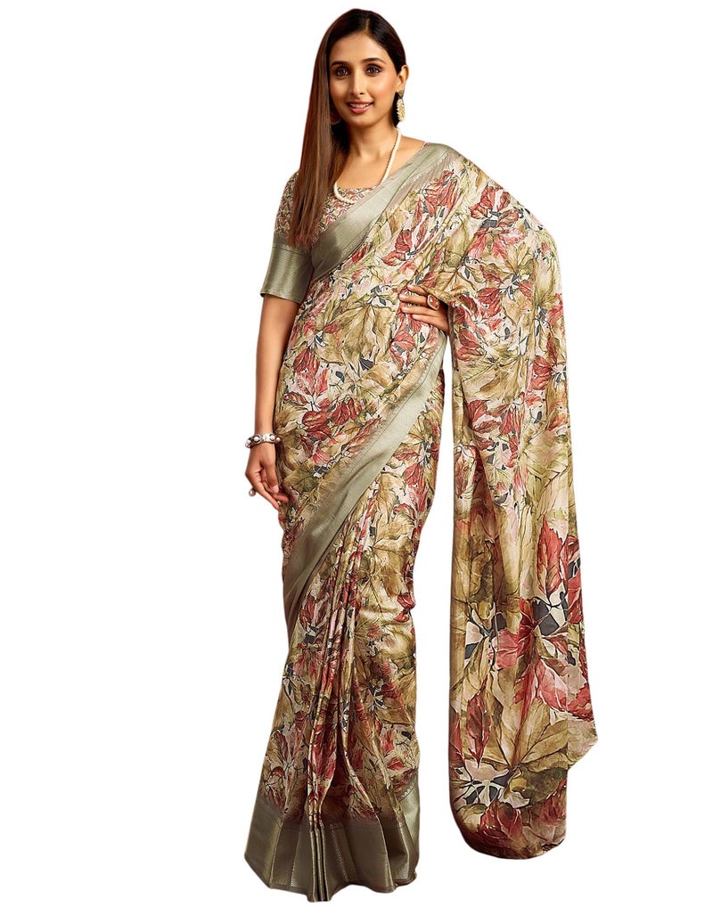 SIRIL Women's Dola Silk Printed Jacquard Border Ready To Wear Saree with Unstitched Blouse Piece (65RS198_Beige) - Image 1