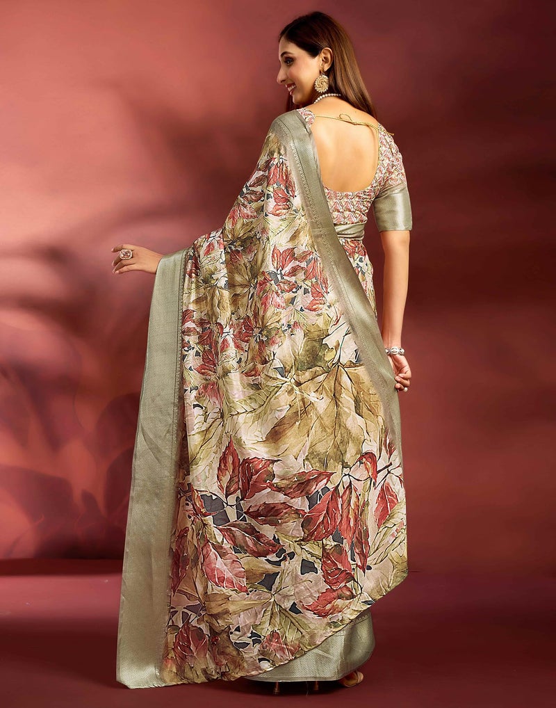 SIRIL Women's Dola Silk Printed Jacquard Border Ready To Wear Saree with Unstitched Blouse Piece (65RS198_Beige) - Image 4