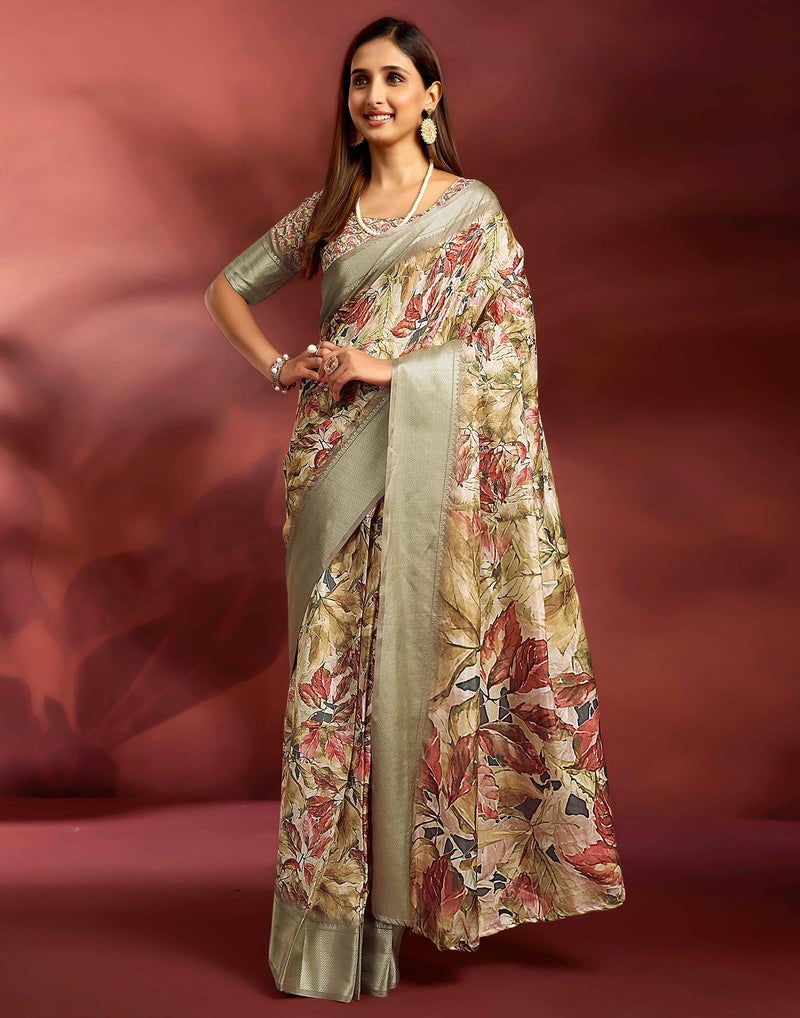 SIRIL Women's Dola Silk Printed Jacquard Border Ready To Wear Saree with Unstitched Blouse Piece (65RS198_Beige) - Image 3