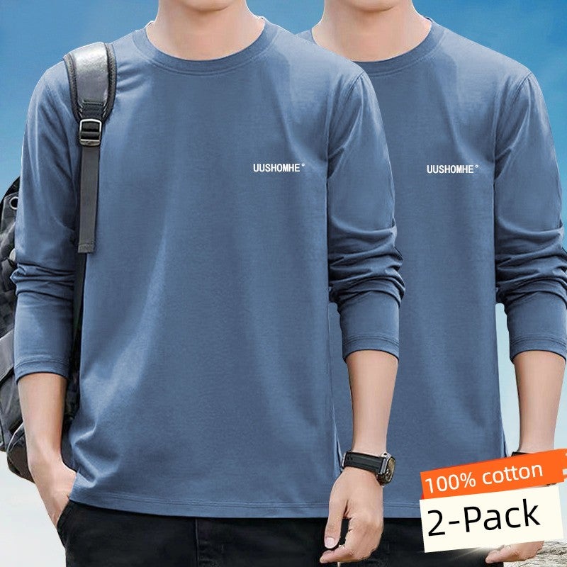 100% pure cotton long-sleeved t-shirt for men's spring and autumn thin casual versatile outer wear thin autumn clothes inner wear round neck base shirt - Image 3