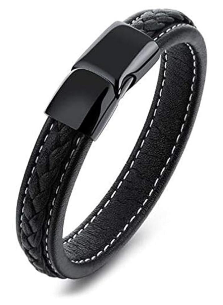 فيروز جوليري مضفر الأساور الجلدية السوداء للرجال أساور الإسورة الأزياء مطلي الانتهاء من المشبك المغناطيسي - Image 1
