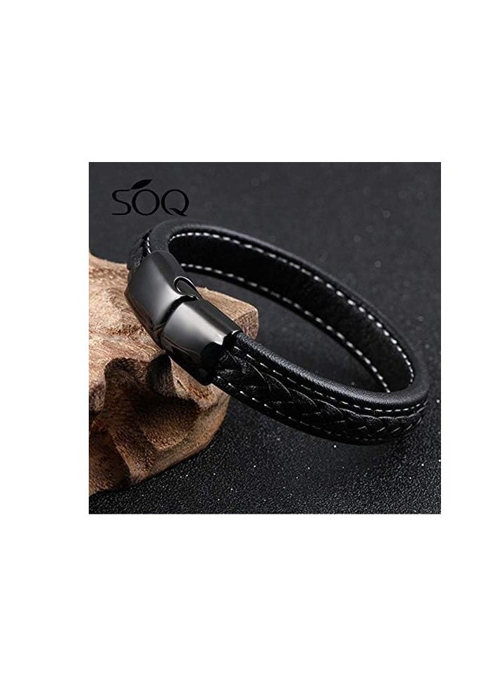 Fayrouz Jewellery Braided Black Leather Bracelet  7.5-8.5 Inch  - Image 2