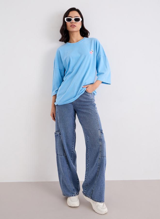 Styli Acid Wash Oversized T-Shirt with Badge Detail - Image 1