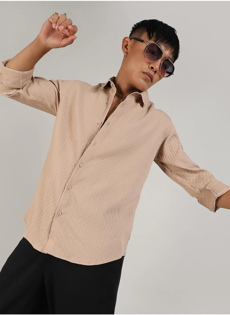 Campus Sutra Men's Beige Textured Interweave Shirt