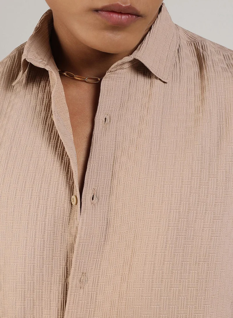 Campus Sutra Men's Beige Textured Interweave Shirt