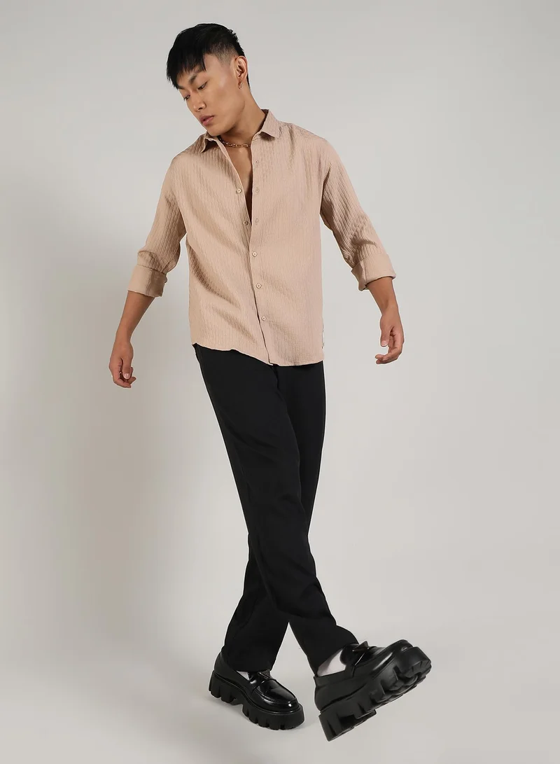 Campus Sutra Men's Beige Textured Interweave Shirt