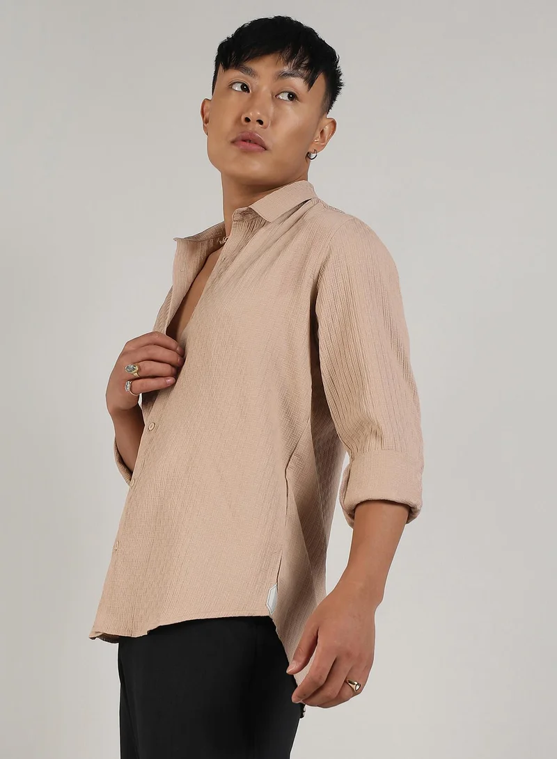 Campus Sutra Men's Beige Textured Interweave Shirt