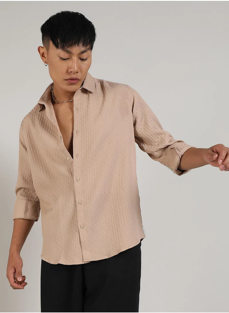 Campus Sutra Men's Beige Textured Interweave Shirt