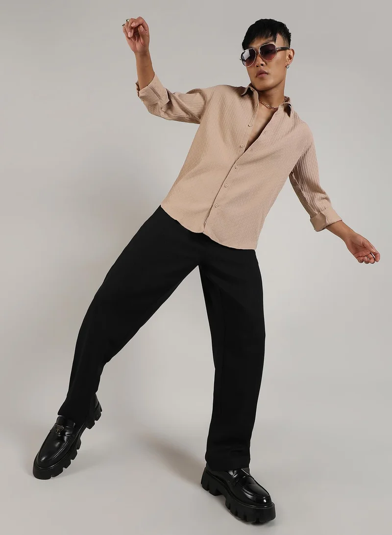 Campus Sutra Men's Beige Textured Interweave Shirt