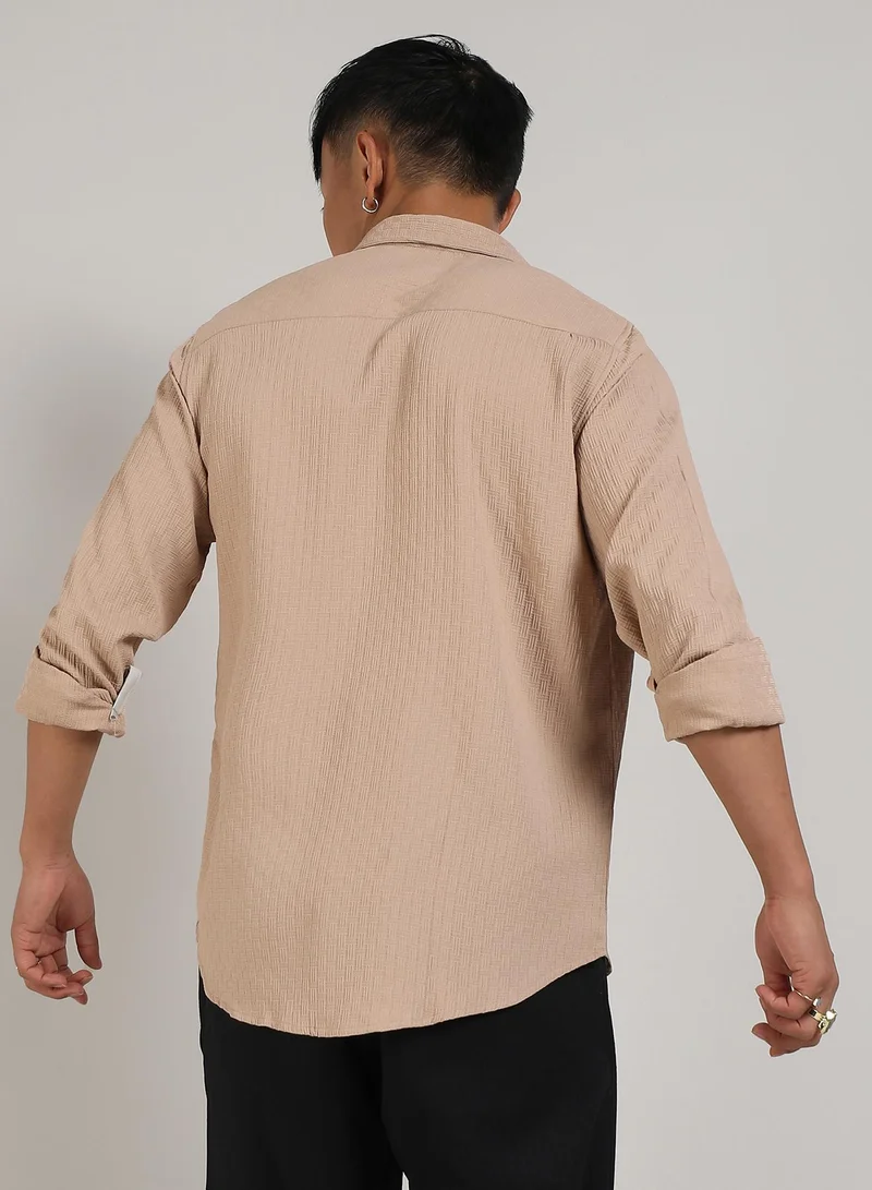 Campus Sutra Men's Beige Textured Interweave Shirt