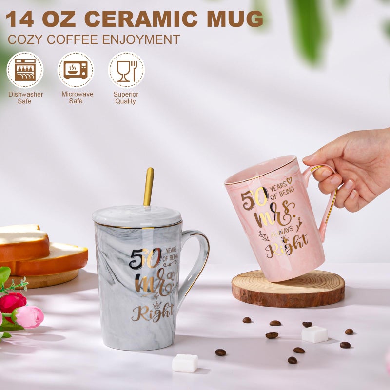 Biching 50th Wedding Anniversary for Couples, Golden 50th Anniversary Mugs Gifts for Parents Grandparents, 14Oz 50th Wedding Couple Mugs with Spoons, Lids, Greeting Card, Gift Box - Image 2