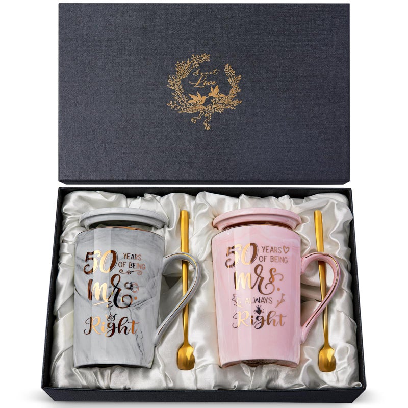 Biching 50th Wedding Anniversary for Couples, Golden 50th Anniversary Mugs Gifts for Parents Grandparents, 14Oz 50th Wedding Couple Mugs with Spoons, Lids, Greeting Card, Gift Box - Image 1