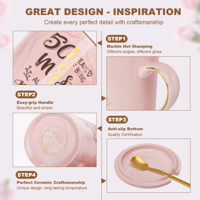 Biching 50th Wedding Anniversary for Couples, Golden 50th Anniversary Mugs Gifts for Parents Grandparents, 14Oz 50th Wedding Couple Mugs with Spoons, Lids, Greeting Card, Gift Box - Image 4