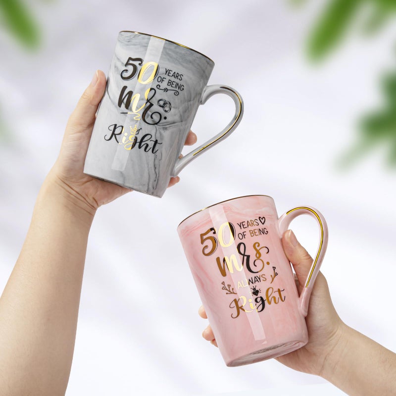Biching 50th Wedding Anniversary for Couples, Golden 50th Anniversary Mugs Gifts for Parents Grandparents, 14Oz 50th Wedding Couple Mugs with Spoons, Lids, Greeting Card, Gift Box - Image 5
