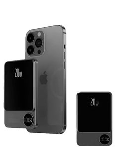 Lisen 2 in 1 Wireless Power Bank All Mobile Types Fast Charging 5000 mAh 20w With Digital Screen For MagSafe for iPhone and Andriod With Wire Battery Power bank Portable Fast Charger Pocket Size Grey  - Image 1
