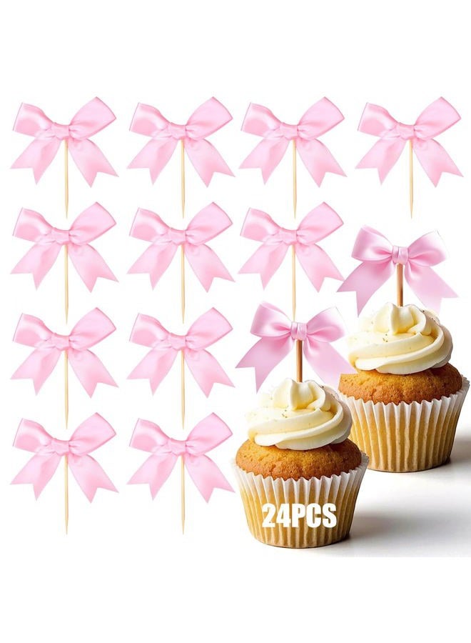 Solldgt 24Pcs Pink Bow Cupcake Toppers - Pink Bow Cake Topper Birthday Decorations, Bowknot Cupcake Picks for Coquette Bow Theme Party Decoration Bachelorette Bridal Engagement Wedding Baby Shower Party Decor - Image 1