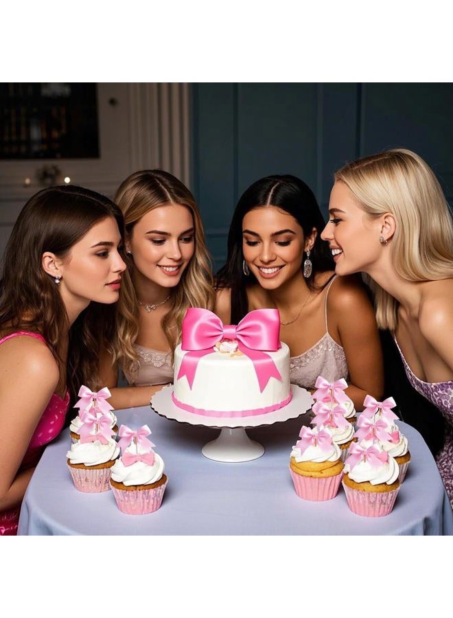 Solldgt 24Pcs Pink Bow Cupcake Toppers - Pink Bow Cake Topper Birthday Decorations, Bowknot Cupcake Picks for Coquette Bow Theme Party Decoration Bachelorette Bridal Engagement Wedding Baby Shower Party Decor - Image 4
