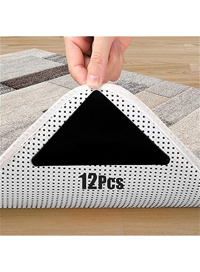 12-Pack Non-Slip Rug Grippers for Hardwood Floors, Tiles, and Carpets - Reusable & Washable Rug Tape - Black - Image 1