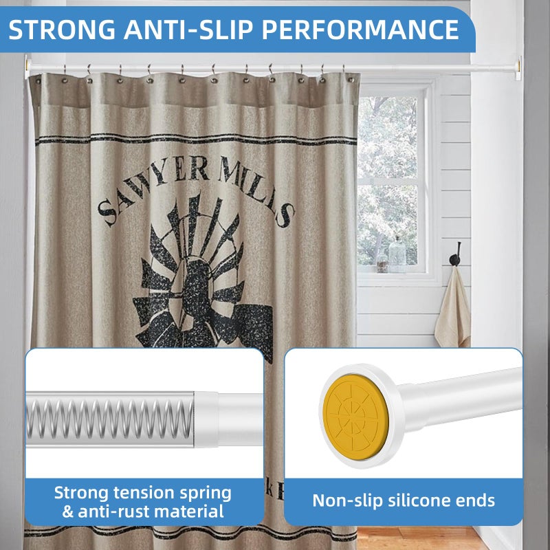 CorkLatta White Shower Curtain Rod,1 Inch Diameter Stainless Steel Adjustable Spring Tension Rods 32 to 80",with Holders,Anti-Slip,Curtain Rods No Drilling(1 Pack) - Image 2