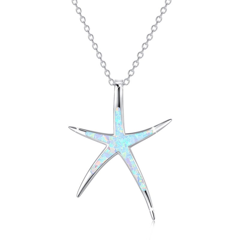 Cuoka Starfish Necklace, 925 Sterling Silver with White Opal, Hawaiian Beach Nautical Ocean Pendant, Starfish Jewelry Opal Jewelry Valentine for Women Girlfriend - Image 1
