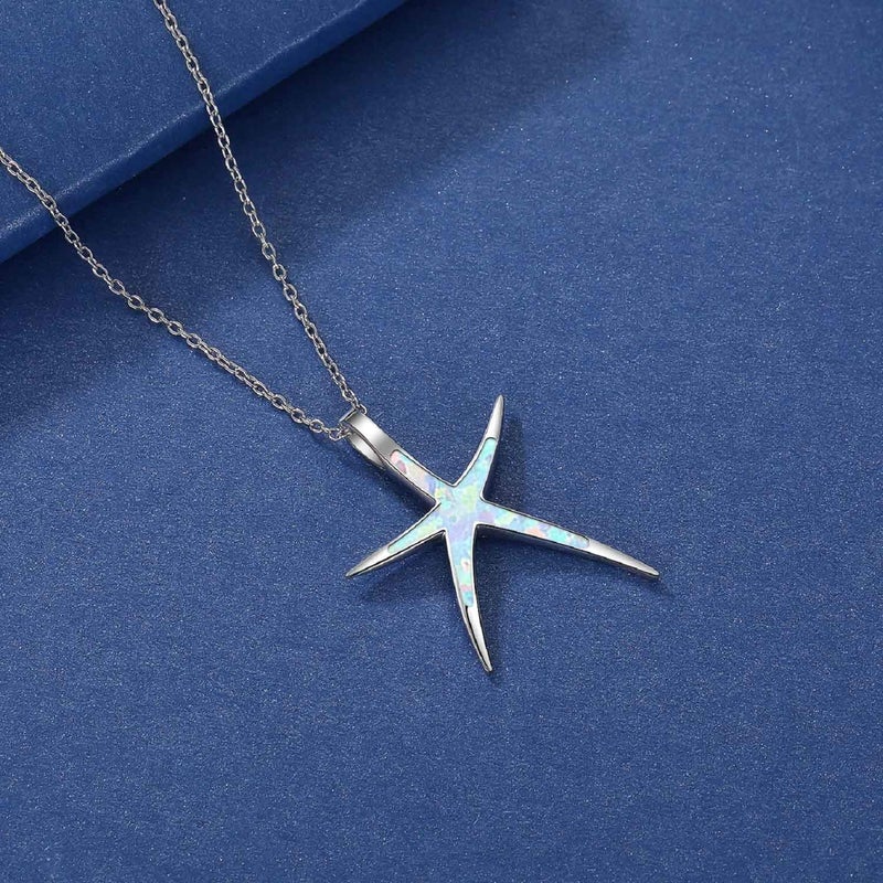 Cuoka Starfish Necklace, 925 Sterling Silver with White Opal, Hawaiian Beach Nautical Ocean Pendant, Starfish Jewelry Opal Jewelry Valentine for Women Girlfriend - Image 3