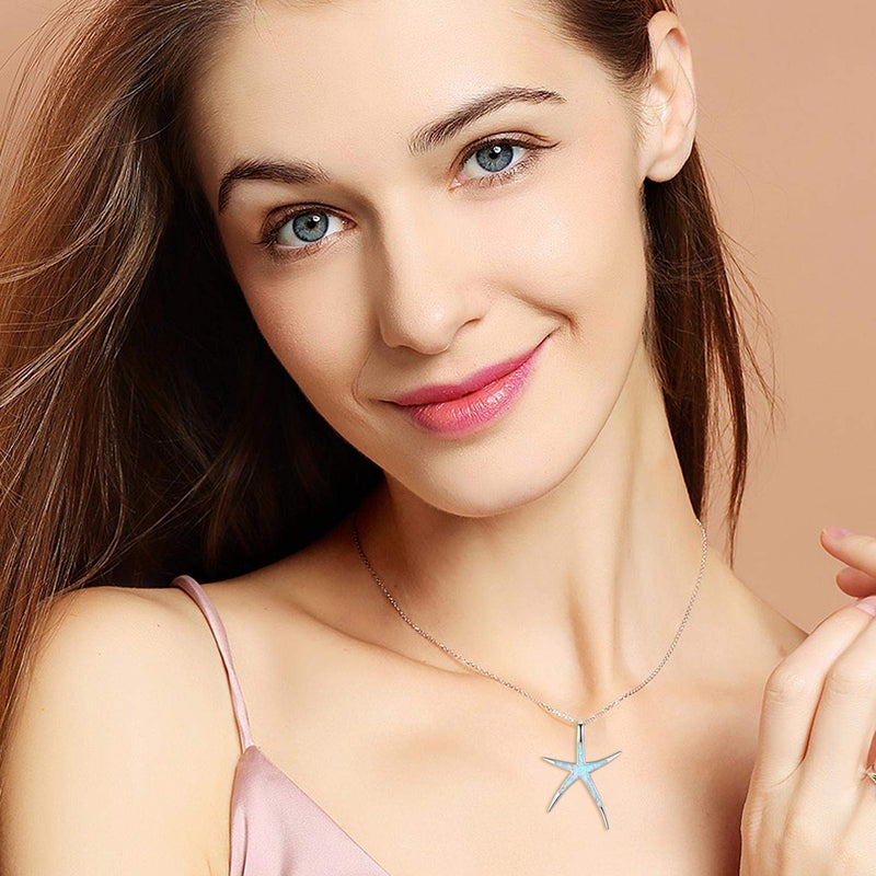 Cuoka Starfish Necklace, 925 Sterling Silver with White Opal, Hawaiian Beach Nautical Ocean Pendant, Starfish Jewelry Opal Jewelry Valentine for Women Girlfriend - Image 5
