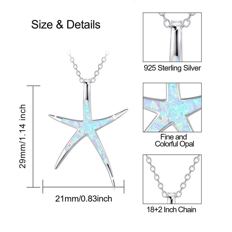 Cuoka Starfish Necklace, 925 Sterling Silver with White Opal, Hawaiian Beach Nautical Ocean Pendant, Starfish Jewelry Opal Jewelry Valentine for Women Girlfriend - Image 2