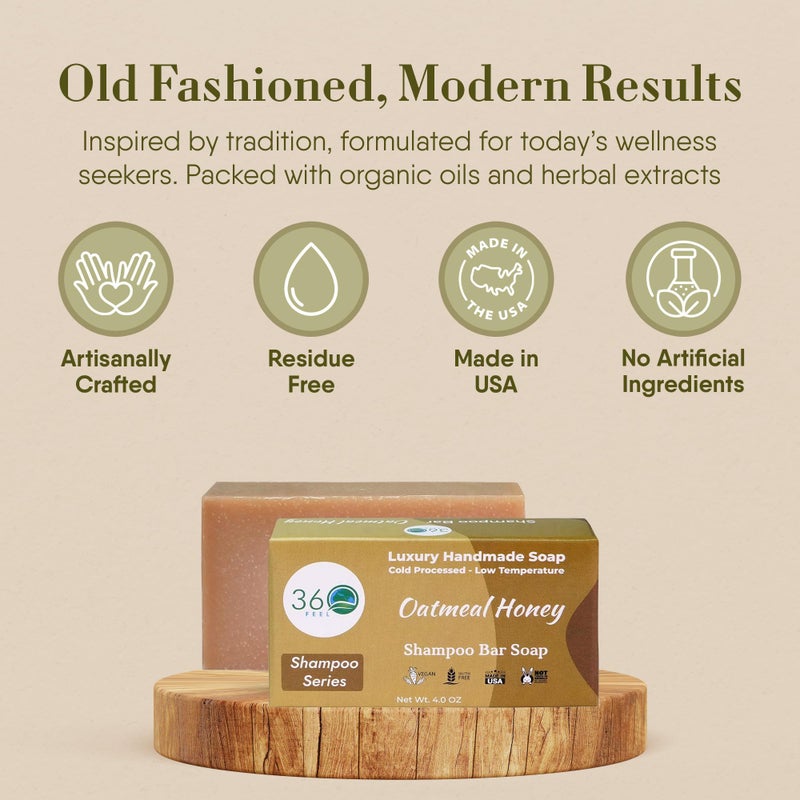 360Feel Oatmeal Honey Shampoo Bar - Nourishing and Moisturizing Anti-Dandruff Oatmeal Soap Bar - Handmade with Essential Oils - Travel Friendly and Compact - Zero Harsh Additives - 3.5 Ounce - Image 3