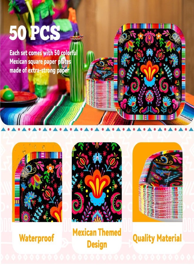 Grencian 50Pcs Mexican Paper Plates 9" Disposable Square Mexican Plate Colorful Mandala Style Fiesta Party Plates for Mexican Party Cinco De Mayo Dance Pinata Taco Birthday Decorations - Image 5