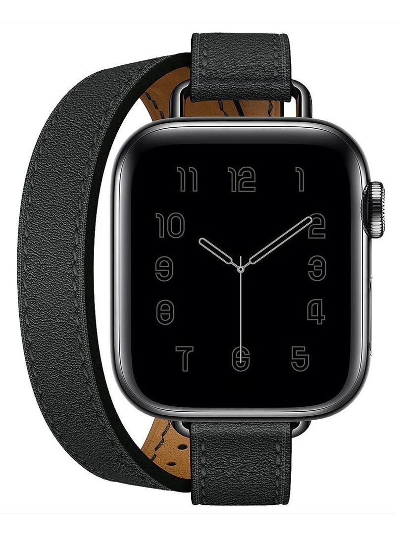 Captaintech Leather Women Double Tour Slim Wristband, Compatible with Apple Watch Band 38/40/41mm 42/44/45mm for iWatch SE Series 7/6/5/4/3, Black - Image 1