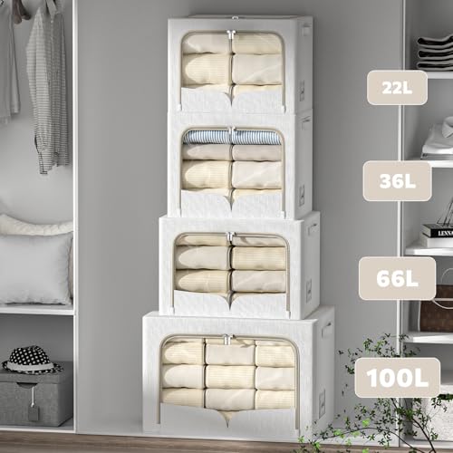 FHSQX 3 Pack Clothes Storage Bins Foldable Metal Frame Storage Box Stackable Linen Fabric Container Organizer Set with Carrying Handles and Clear Window (Cream White, 15.7x11.8x7.8inch(22L)) - Image 4
