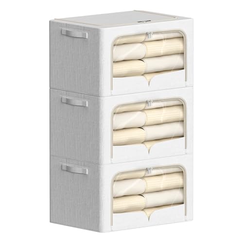 FHSQX 3 Pack Clothes Storage Bins Foldable Metal Frame Storage Box Stackable Linen Fabric Container Organizer Set with Carrying Handles and Clear Window (Cream White, 15.7x11.8x7.8inch(22L)) - Image 1