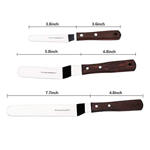 PUCKWAY Offset Cake Icing Spatula Set of 3 Professional Stainless Steel Decorating Frosting Spatulas (4"-6"-8" Flexible Resistant Blade) Angled with Wooden Handle - Image 2