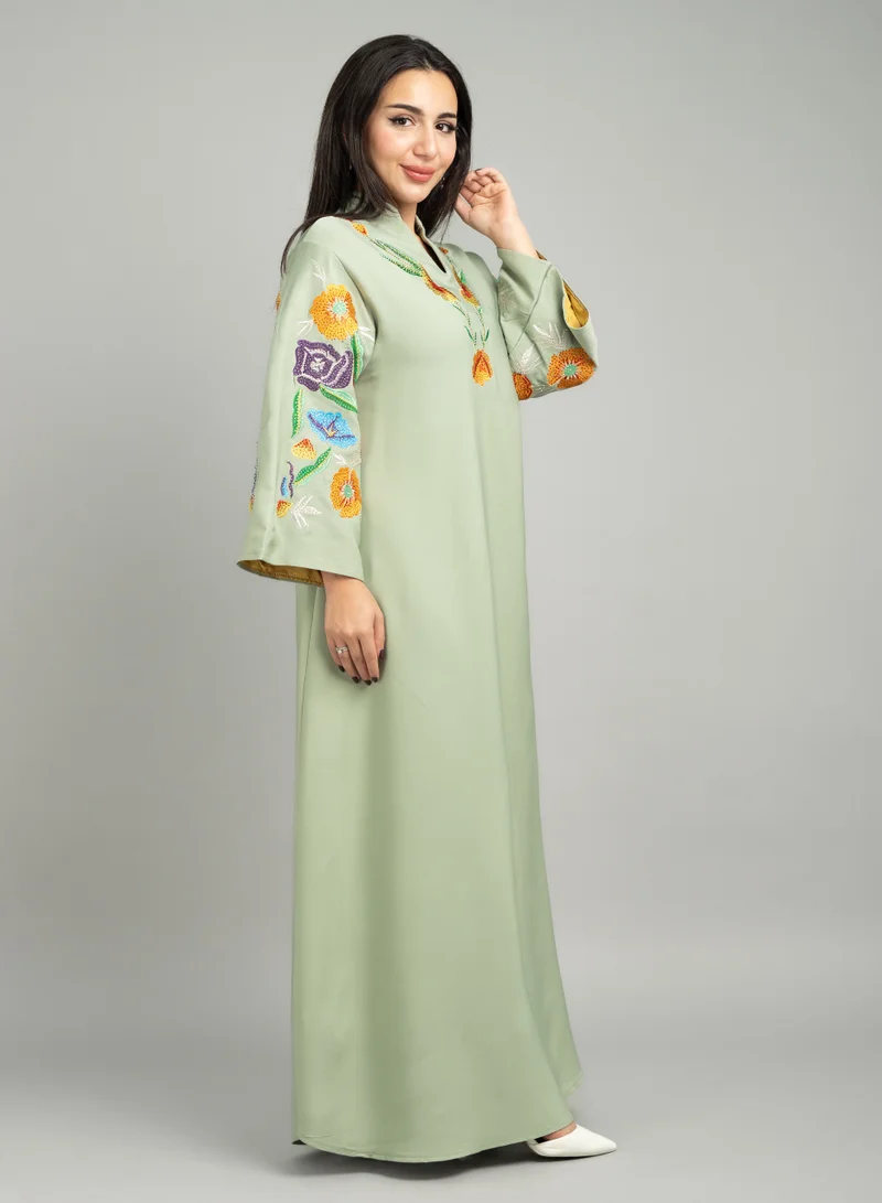 IKKXA Solid Embroidery Elegant Jalabiya CJ1076 Green