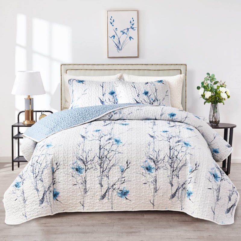 Flysheep Botanical Quilt Set 3 Pieces King Size, Blue Flower Branch on White Reversible Bedspread Coverlet Set, Soft Microfiber Lightweight Bed Cover for All Season (102" x 90", 1 Quilt+ 2 Pillow Shams) - Image 1