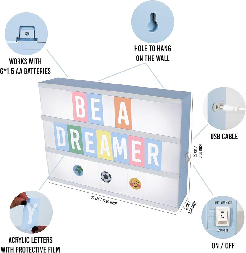 BONNYCO صندوق إضاءة سينمائي أزرق مع 400 حرف، رموز تعبيرية و 2 قلم ماركر. صندوق إضاءة LED لتزيين غرفة الأولاد، حفلات استقبال المواليد. - Image 2