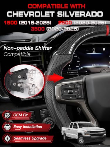 TESFEEL Carbon Fiber Steering Wheel for Chevy Silverado 2019–2025, D-Shaped Flat-Bottom, Nappa Perforated Leather Grip, Hand-Stitched, Compatible with Silverado Models Without Paddle Shifters - Image 2