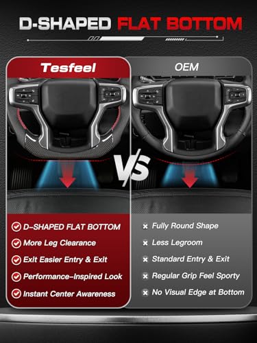 TESFEEL Carbon Fiber Steering Wheel for Chevy Silverado 2019–2025, D-Shaped Flat-Bottom, Nappa Perforated Leather Grip, Hand-Stitched, Compatible with Silverado Models Without Paddle Shifters - Image 5