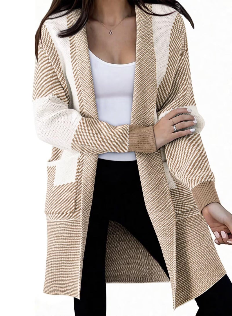 Astylish Women Fall Fashion Long Sleeve Open Front Oversized Casual Knit Cardigan Tops Outwear Business Work Color Block Sweater Pale Khaki Small - Image 1