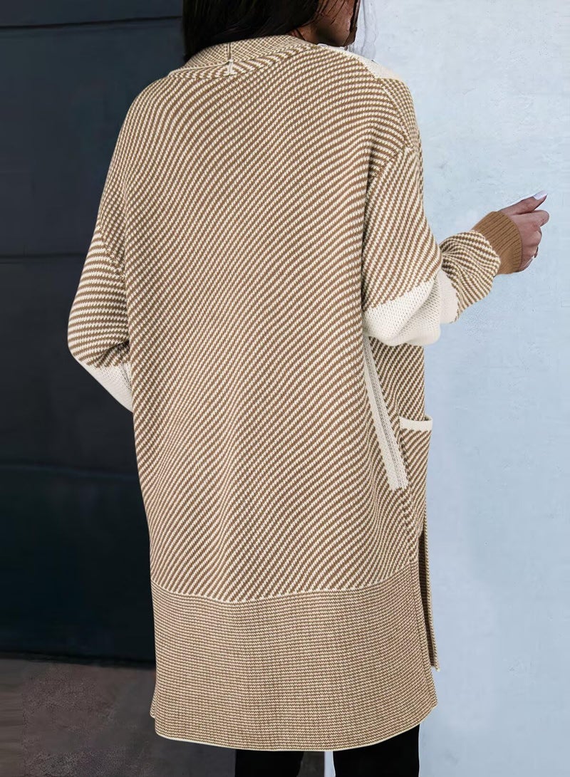 Astylish Women Fall Fashion Long Sleeve Open Front Oversized Casual Knit Cardigan Tops Outwear Business Work Color Block Sweater Pale Khaki Small - Image 3