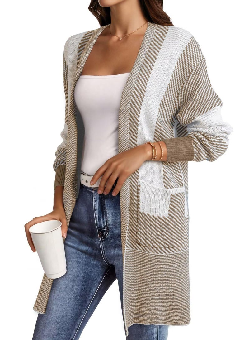 Astylish Women Fall Fashion Long Sleeve Open Front Oversized Casual Knit Cardigan Tops Outwear Business Work Color Block Sweater Pale Khaki Small - Image 5