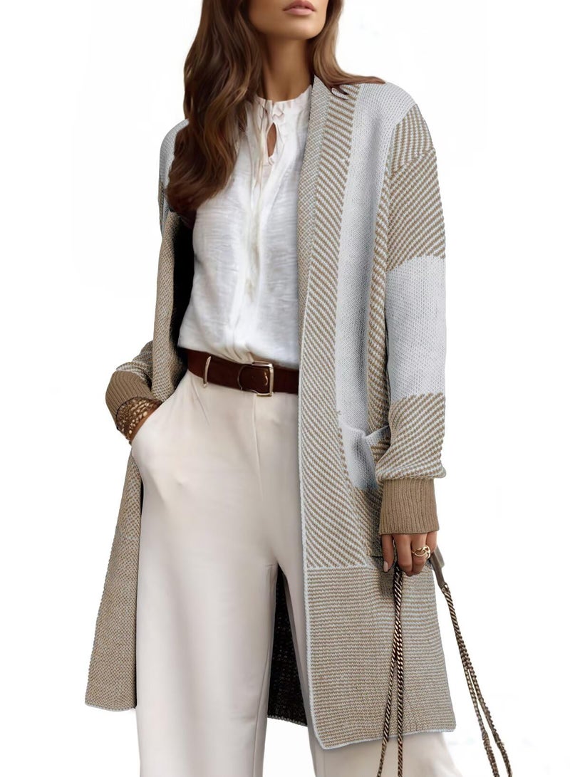 Astylish Women Fall Fashion Long Sleeve Open Front Oversized Casual Knit Cardigan Tops Outwear Business Work Color Block Sweater Pale Khaki Small - Image 4