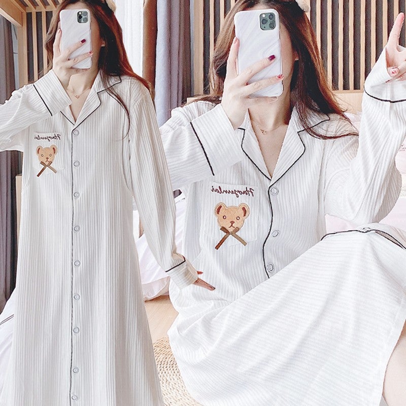 Pure Cotton Moon Dress Nursing Nightdress Spring and Summer Thin Postpartum Maternal Hospitalization Long Dress Pregnant Women Pajamas Nursing Dress 2161 bear White [Cotton]] 