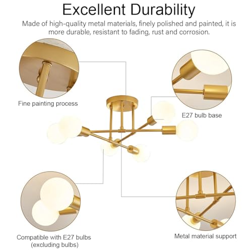 ELEPHANTBOAT® 6-Light Ceiling Light for Living Room, Modern Metal Chandelier Light Fixture, Pendant Lights for Ceiling, Without E27 Bulb - Image 3