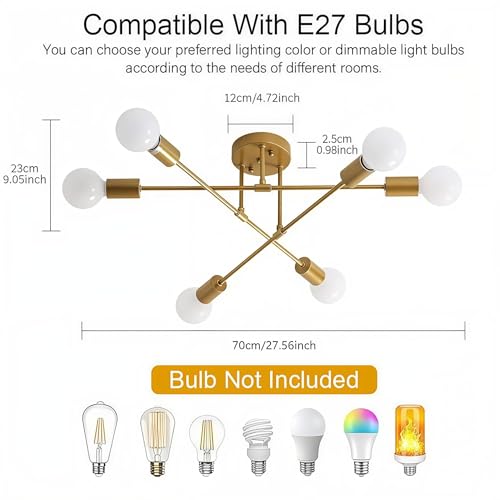 ELEPHANTBOAT® 6-Light Ceiling Light for Living Room, Modern Metal Chandelier Light Fixture, Pendant Lights for Ceiling, Without E27 Bulb - Image 2