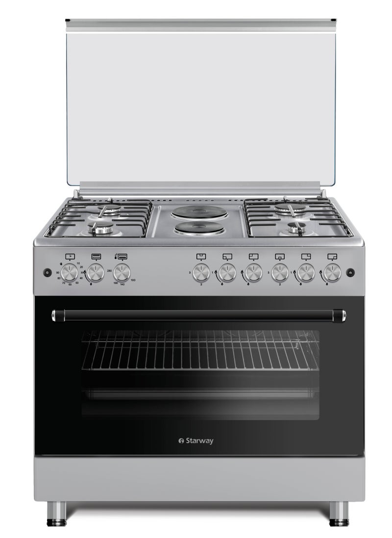 Starway Starway 90x60cm 4 Gaz & 2 Electrics Burners Ranger, Heavy Duty, Auto Burner, Total Safety, Easy to Clean Surface, Oven Grill & fan with 2 Trays & Stand & Skewer  - Image 1