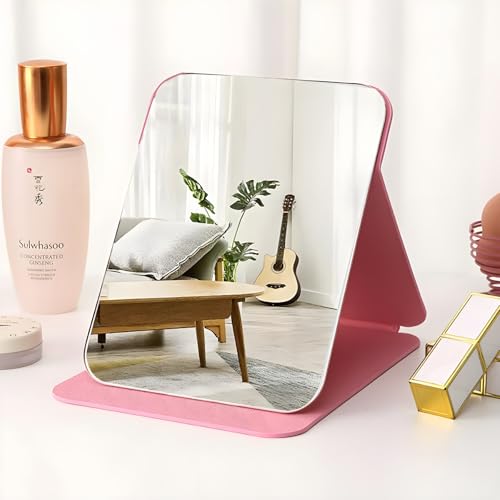 ONICORN® Foldable Makeup Mirror with Stand, Compact Portable Folding Free Standing Travel Vanity Mirror, Frameless PU Leather (Round Edge Pink 1 PCS) - Image 2
