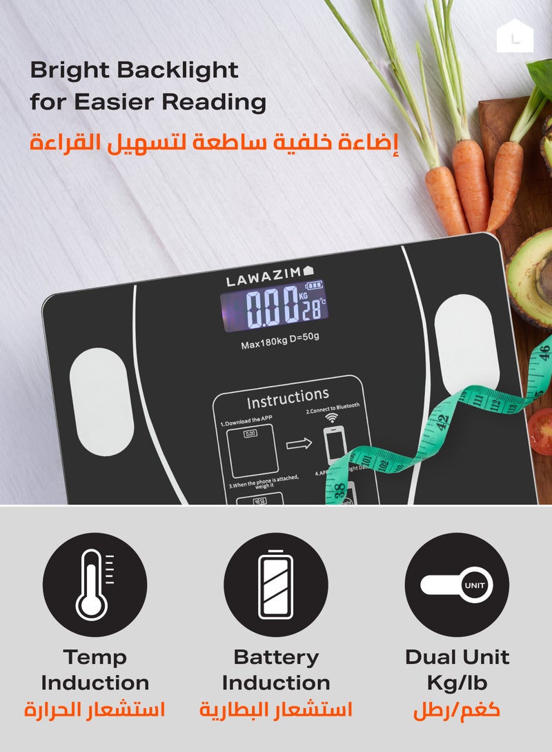 LAWAZIM Smart Body Scale - Black - Digital Bluetooth Weighing Scale with High Precision Sensors, LCD Display, 180kg/400lb Capacity, Body Fat, BMI and Water Tracking - for Home Fitness Tracking - Image 4