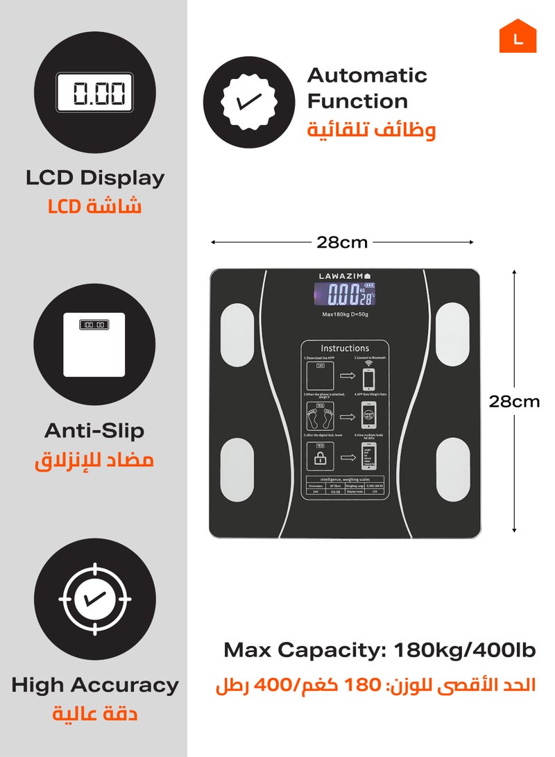 LAWAZIM Smart Body Scale - Black - Digital Bluetooth Weighing Scale with High Precision Sensors, LCD Display, 180kg/400lb Capacity, Body Fat, BMI and Water Tracking - for Home Fitness Tracking - Image 2