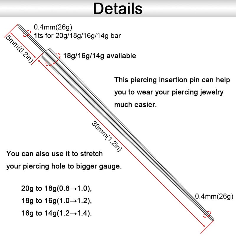 Punktracker 14G/16G/18G/20G Astm F136 Titanium Piercing Kit Taper Insertion Pin For Threadless Push In Tragus Helix Lip Nose Helix Piercing Jewelry Cartilage Earrings Labret Studs Nose Stud Stretcher - Image 3